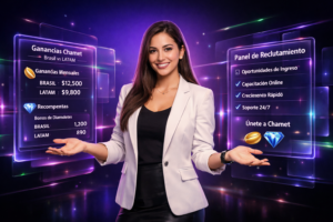 Imagen profesional para estrategia Chamet Brasil vs LATAM con emprendedor colombiano, paneles futuristas y visualizaciones de agencia chamet.