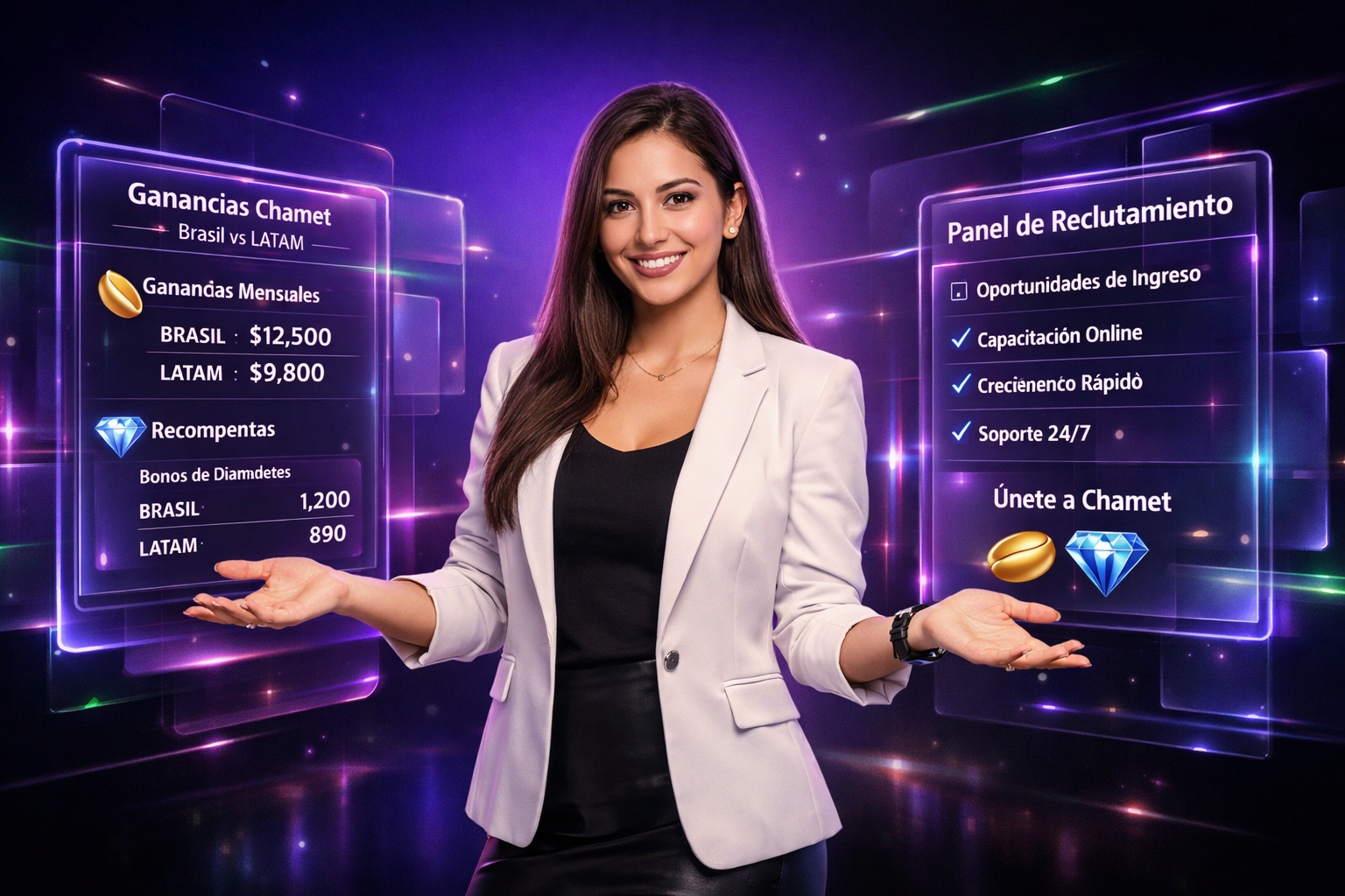 Imagen profesional para estrategia Chamet Brasil vs LATAM con emprendedor colombiano, paneles futuristas y visualizaciones de agencia chamet.