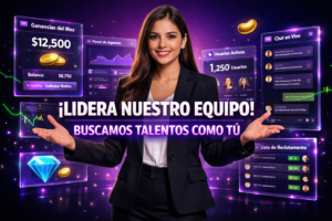 Joven empresaria colombiana en oficina futurista con paneles holográficos de reclutamiento para chamet agency en Polonia, mostrando estrategias y paneles de ganancias.