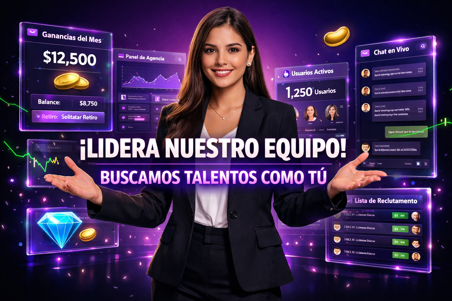 Joven empresaria colombiana en oficina futurista con paneles holográficos de reclutamiento para chamet agency en Polonia, mostrando estrategias y paneles de ganancias.