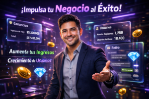 Joven empresario colombiano en oficina futurista con paneles holográficos ilustrando estrategias y éxito de chamet agency para hostesses en España.