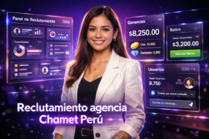 Joven emprendedora colombiana en entorno futurista con paneles holográficos sobre reclutamiento y dashboards, ilustrando estrategias de chamet agency en Perú.