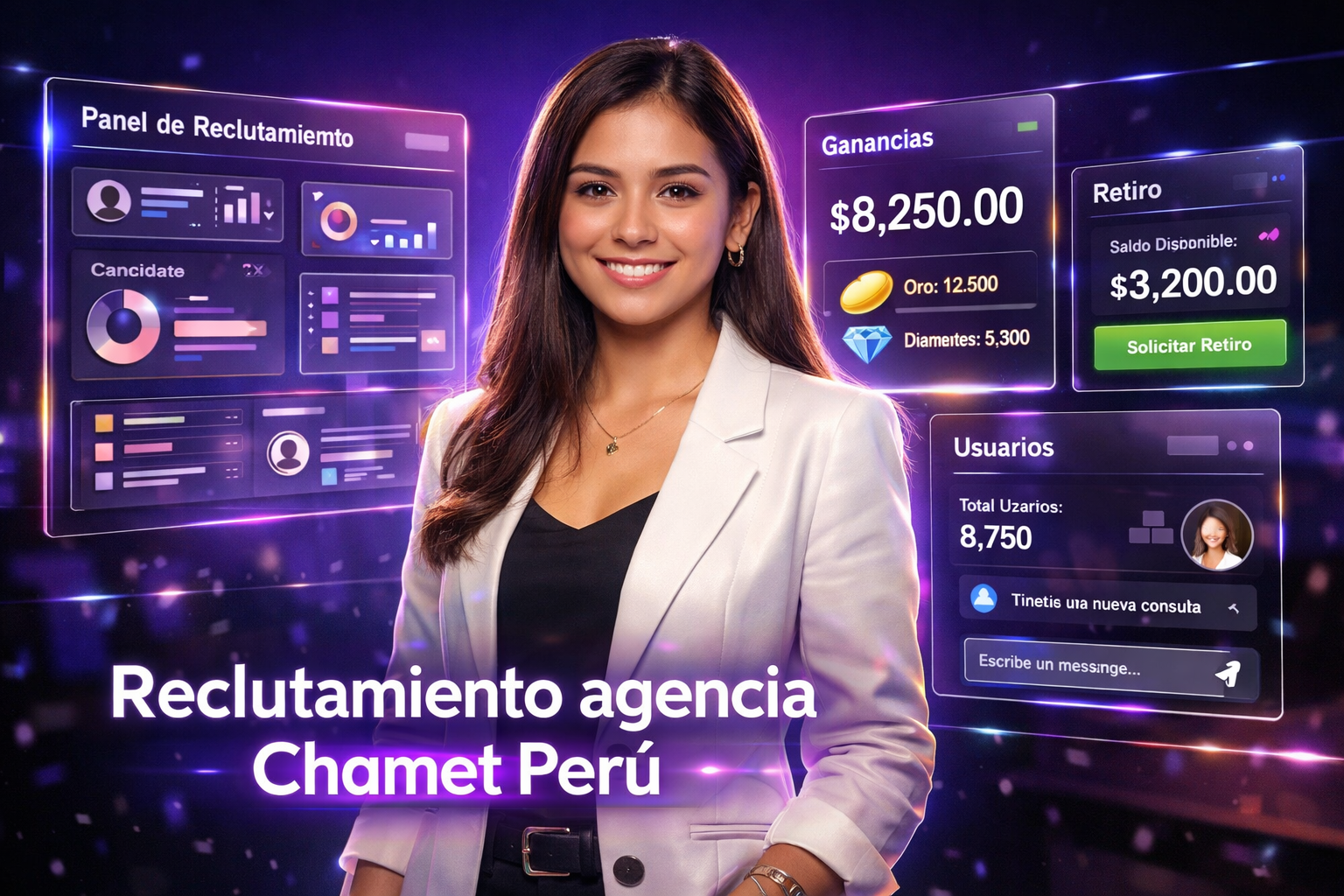 Joven emprendedora colombiana en entorno futurista con paneles holográficos sobre reclutamiento y dashboards, ilustrando estrategias de chamet agency en Perú.