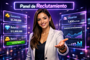Imagen profesional de una joven colombiana en un entorno tecnológico, mostrando paneles de dashboards y estrategias para reclutamiento de chamet agency en Argentina.
