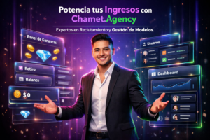 Joven profesional colombiano en entorno tecnológico oscuro mostrando paneles UI con ganancias y usuarios, ilustrando una guía SEO de chamet agency sobre el reclutamiento en Chile para expansión.