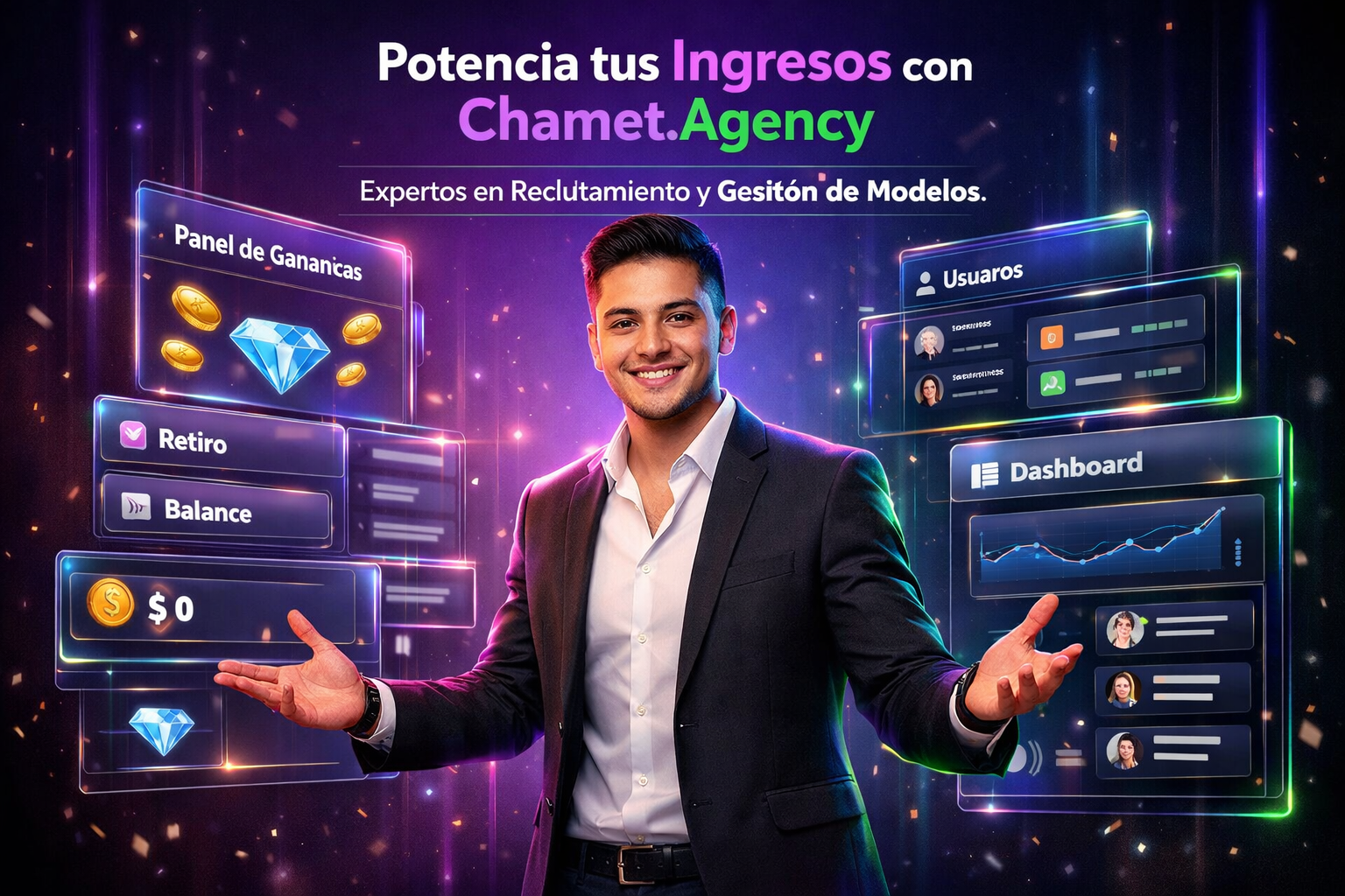 Joven profesional colombiano en entorno tecnológico oscuro mostrando paneles UI con ganancias y usuarios, ilustrando una guía SEO de chamet agency sobre el reclutamiento en Chile para expansión.