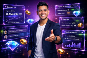 Joven emprendedor colombiano en oficina futurista con paneles holográficos sobre agencia chamet, mostrando reclutamiento remoto, dashboards y estrategias seguras para ampliar equipos.