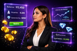 Guía visual sobre chamet agency mostrando cómo crear agencia chamet en Europa con una empresaria colombiana y paneles tecnológicos modernos.