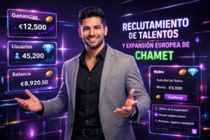 Imagen profesional de un emprendedor colombiano en espacio futurista analizando paneles de agencia Chamet, ilustrando estrategia de reclutamiento y expansión europea para chamet agency.
