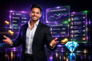Imagen profesional representando éxito y expansión en chamet agency. Un joven colombiano en un entorno tecnológico, con paneles holográficos y datos de agencia en español mostrando ganancias y reclutamiento.