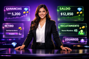 Joven empresaria colombiana exitosa en entorno tecnológico mostrando paneles de ingresos y reclutamiento, ilustrando los beneficios de abrir una chamet agency.